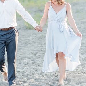 dusty blue satin dress with waist tie and adjustable straps